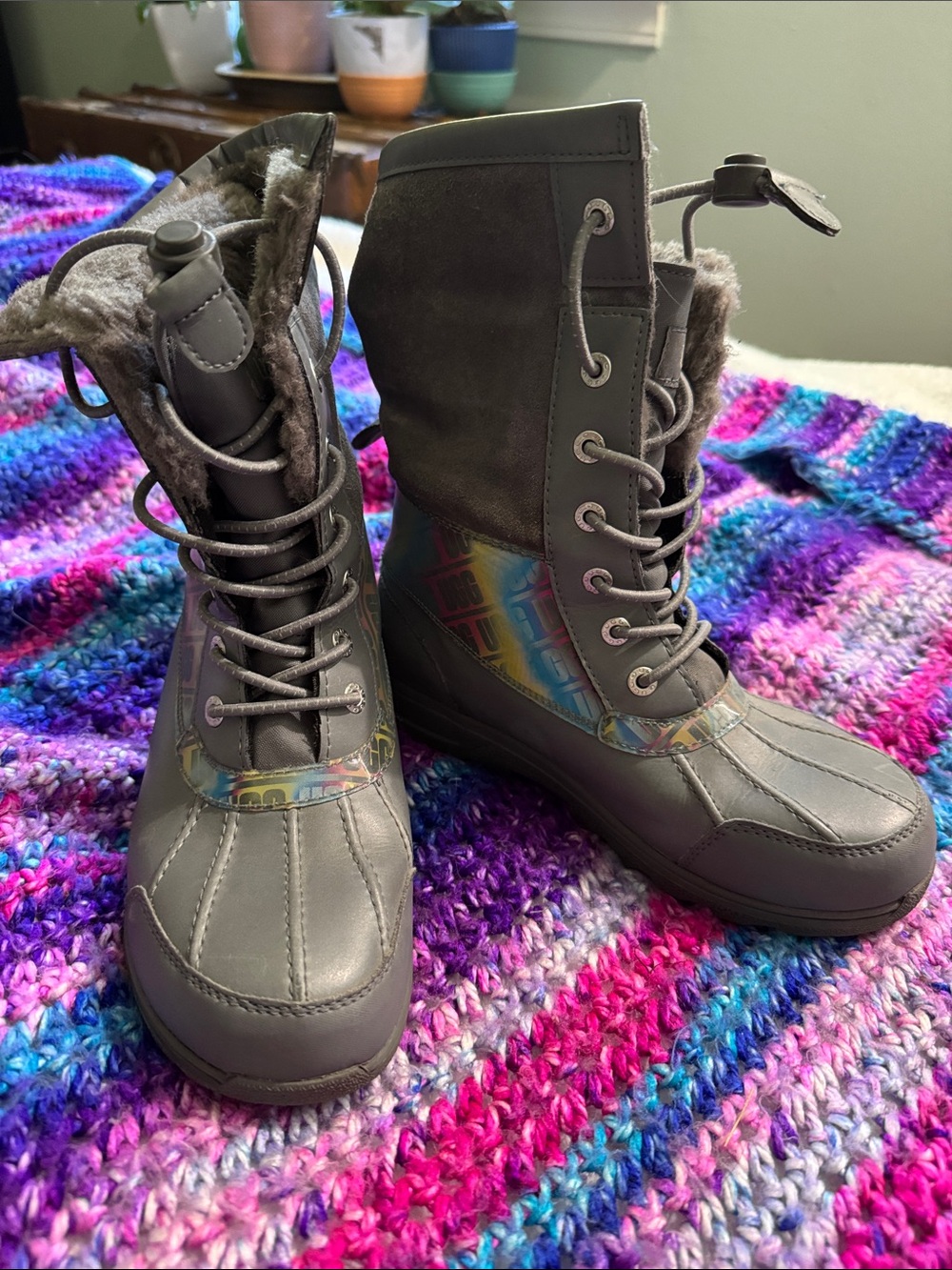 UGG Gray Kids Lace-Up Winter Boots with Rainbow Holographic Trim